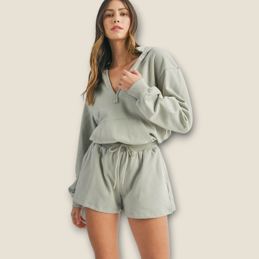NWT MABLE French Terry Long Sleeve V-Neck Hooded Drawstring Waist Sage Romper M - Picture 14 of 14